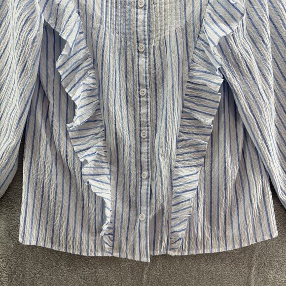 TheGET Top Womens S White Blue Striped Ruffle Button Up Crew Neck Preppy Career - Picture 4 of 12